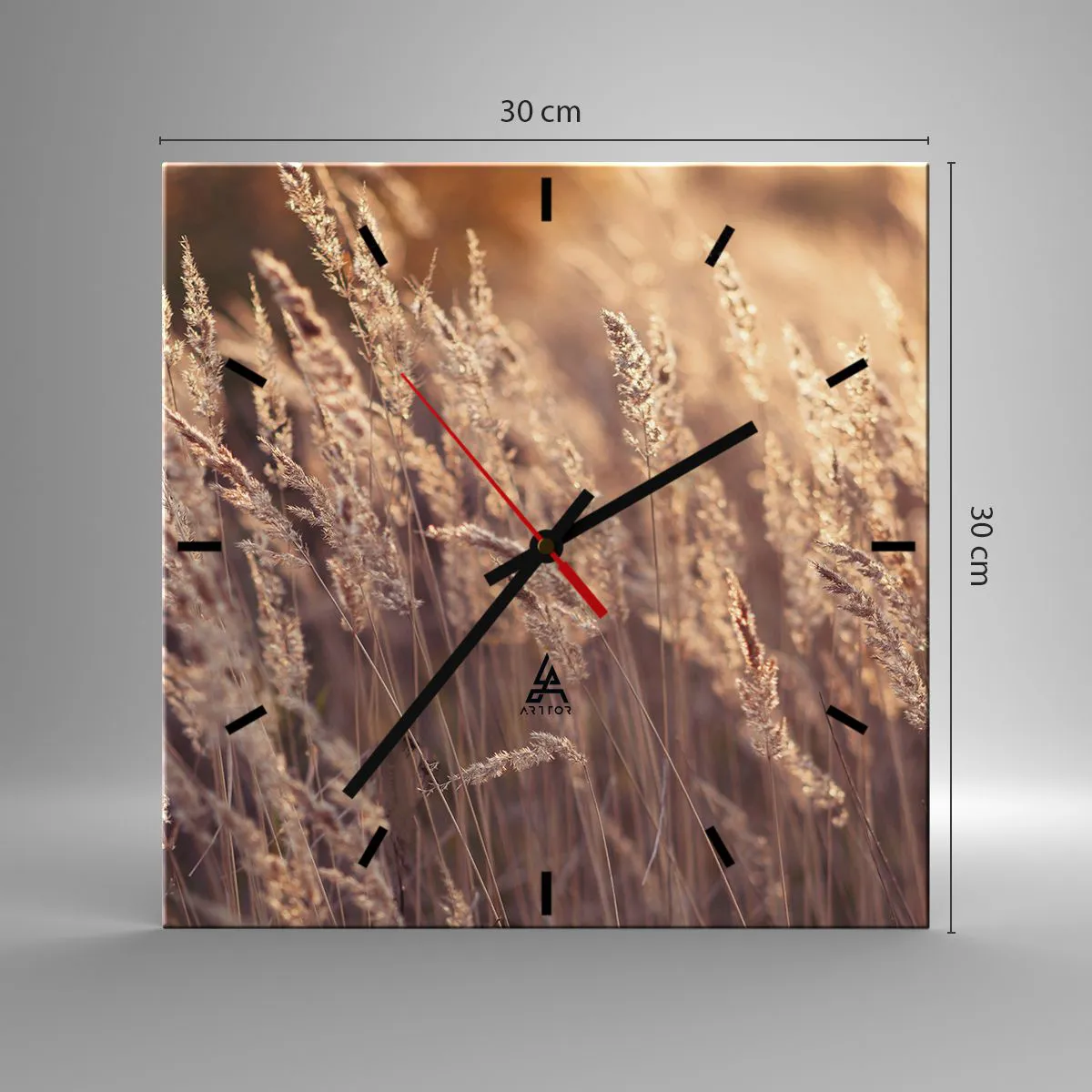 Wanduhr - Glasuhr - Goldene Gräser vor dem Hintergrund der untergehenden Sonne - 30x30cm - Bereit, den Herbst willkommen zu heißen - Moderne Wanddekoration für Wohnzimmer und Schlafzimmer ARTTOR