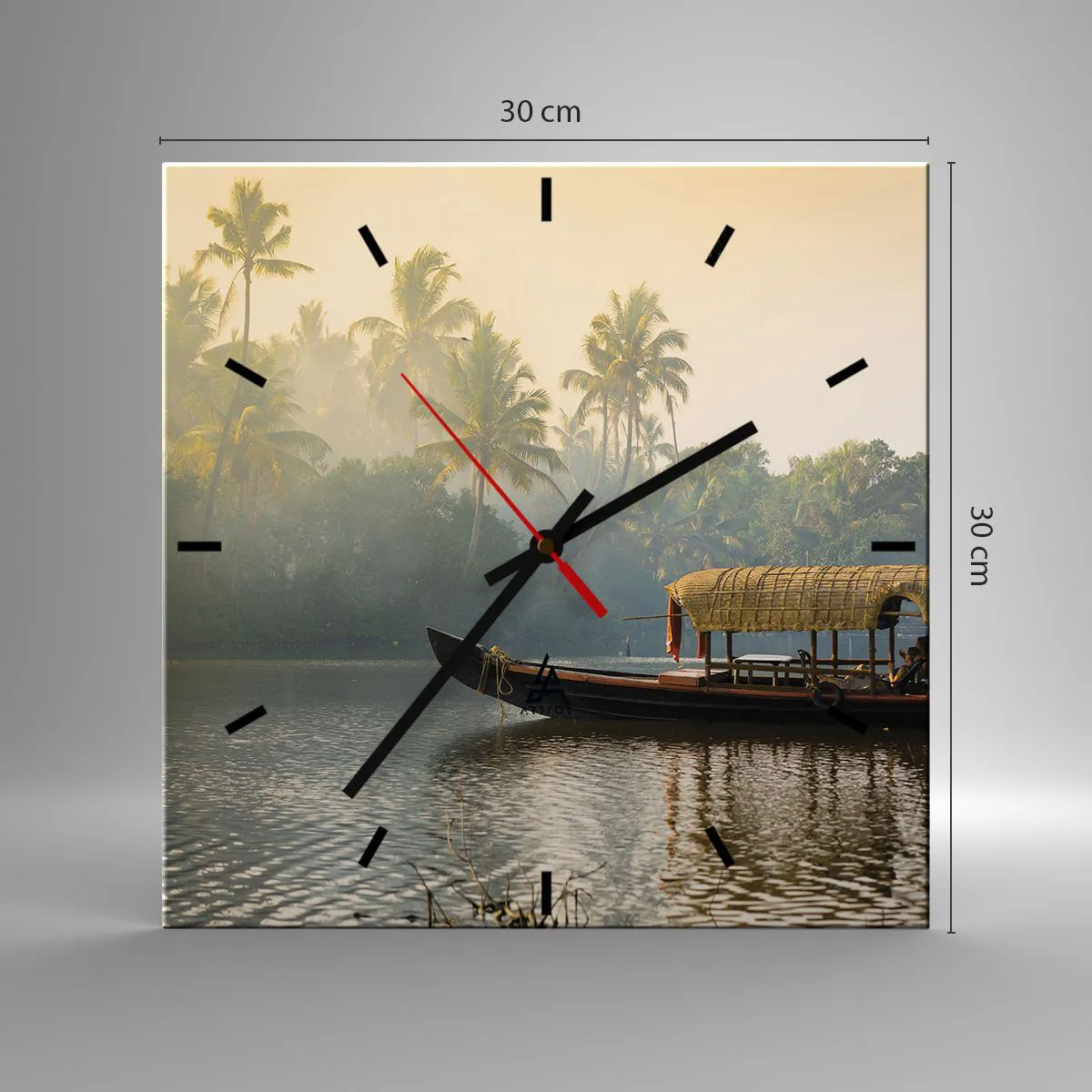 Reloj de pared - Reloj de vidrio - Un barco tradicional en un río tranquilo entre palmeras. - 30x30cm - Casa en el río - Decoración de pared moderna para salón y dormitorio ARTTOR