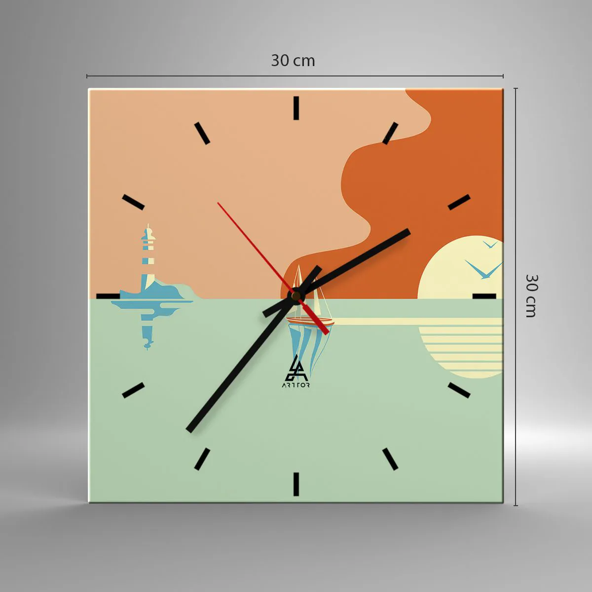Horloge murale - Pendule murale - Un paysage marin minimaliste avec un voilier et un coucher de soleil - 30x30cm - Paysage idéal de la mer - Décoration murale moderne pour le salon et la chambre ARTTOR