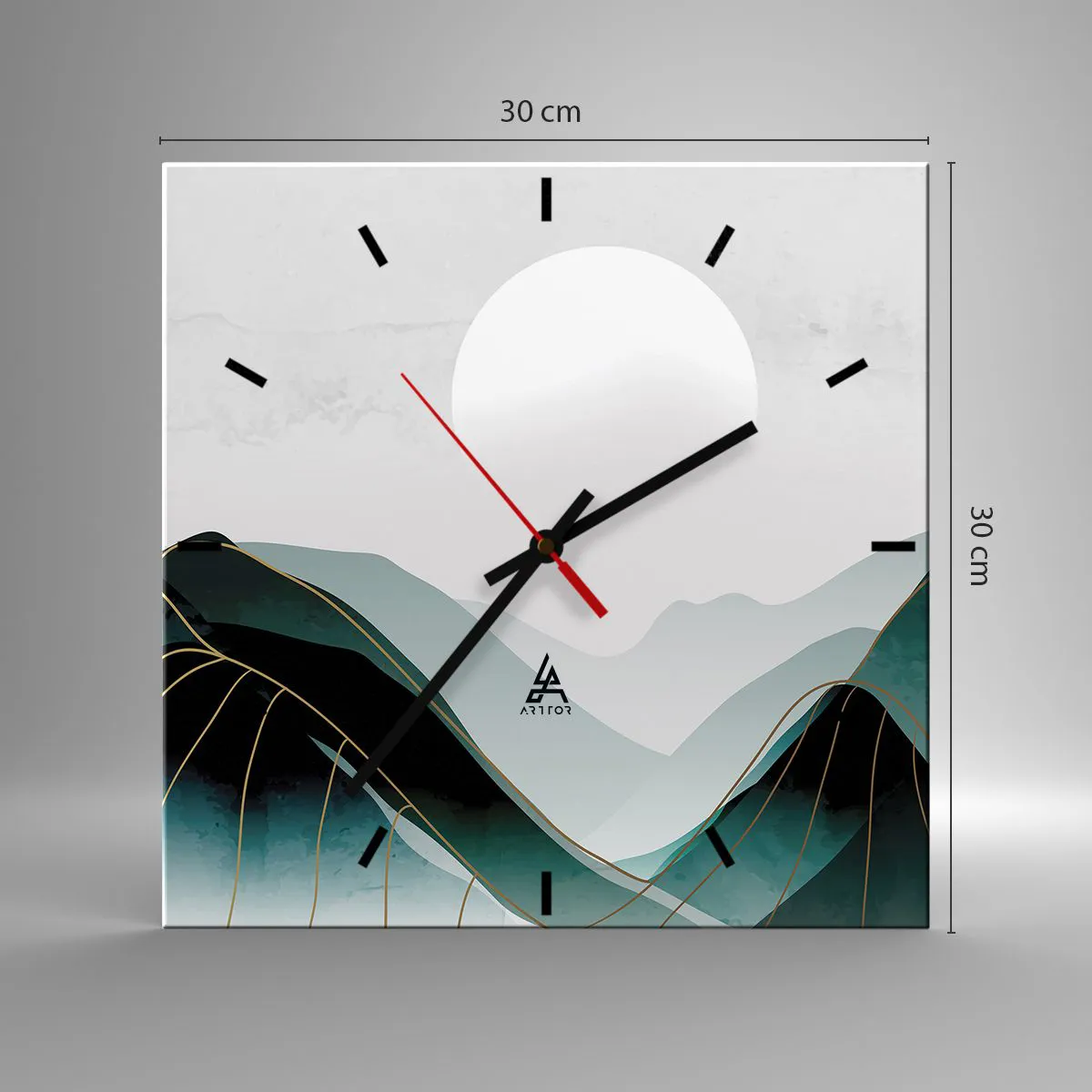 Reloj de pared - Reloj de vidrio - Paisaje montañoso abstracto con la luna y líneas doradas. - 30x30cm - Con toda la majestuosidad - Decoración de pared moderna para salón y dormitorio ARTTOR