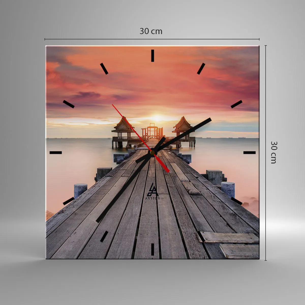 Reloj de pared - Reloj de vidrio - Muelle de madera que conduce a los miradores al atardecer - 30x30cm - De este a oeste - Decoración de pared moderna para salón y dormitorio ARTTOR