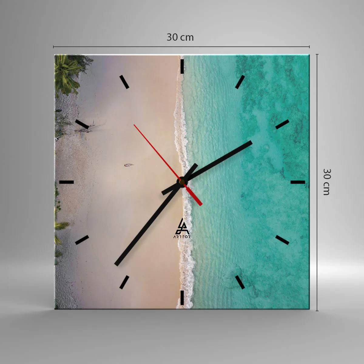 Zegar ścienny - Tropikalna plaża z turkusową wodą z lotu ptaka - 30x30cm - Rajska plaża - Nowoczesna dekoracja ścienna do salonu i sypialni ARTTOR
