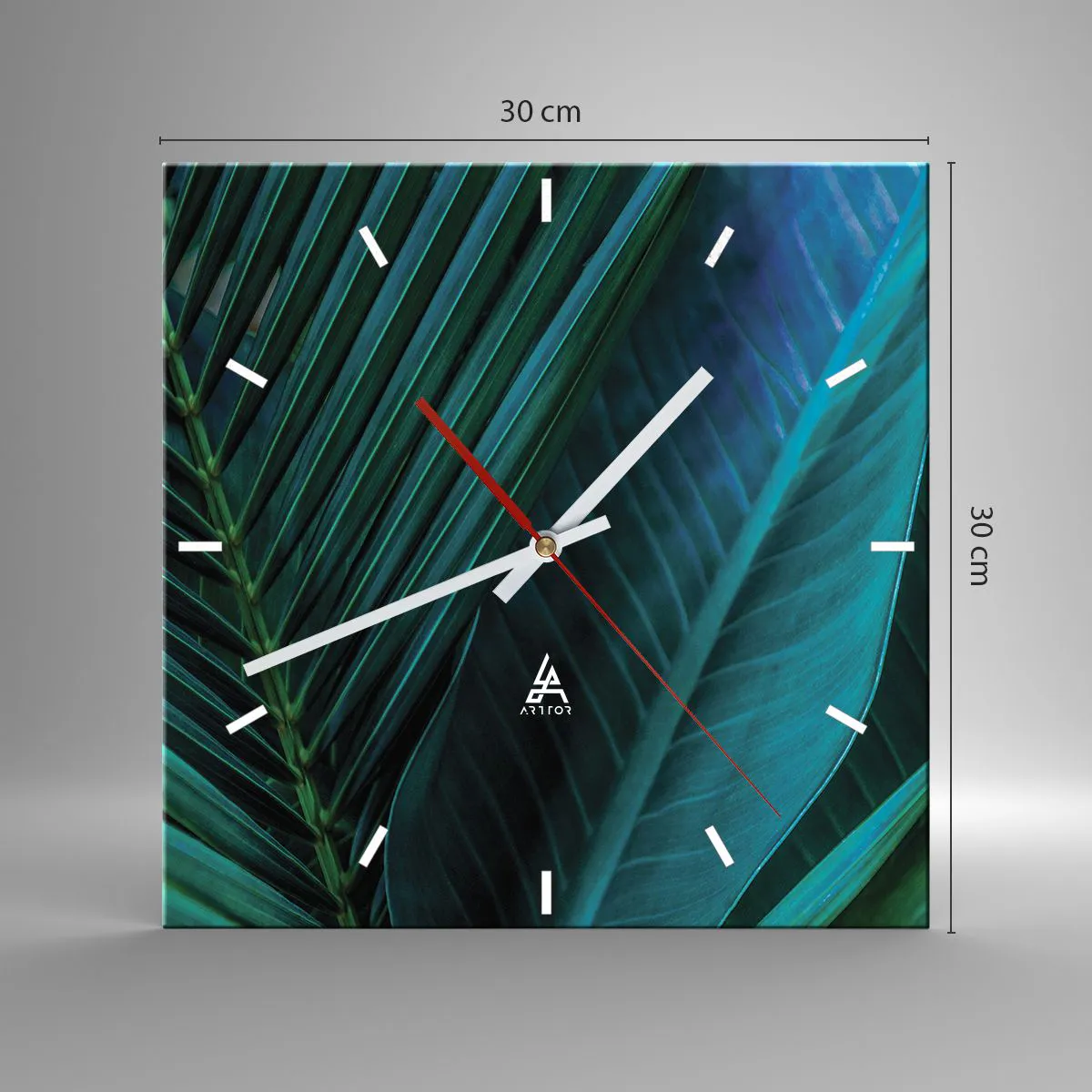 Wanduhr - Glasuhr - Nahaufnahme von tropischen grünen Blättern - 30x30cm - Die Anatomie des Grüns - Moderne Wanddekoration für Wohnzimmer und Schlafzimmer ARTTOR