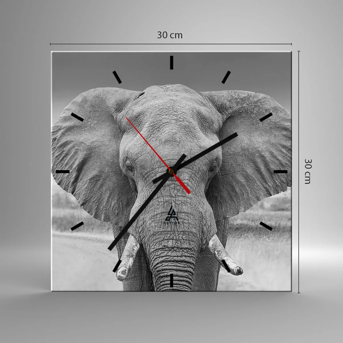Wanduhr - Glasuhr - Porträt eines Elefanten in Schwarz und Weiß - 30x30cm - Willkommen in meiner Welt - Moderne Wanddekoration für Wohnzimmer und Schlafzimmer ARTTOR