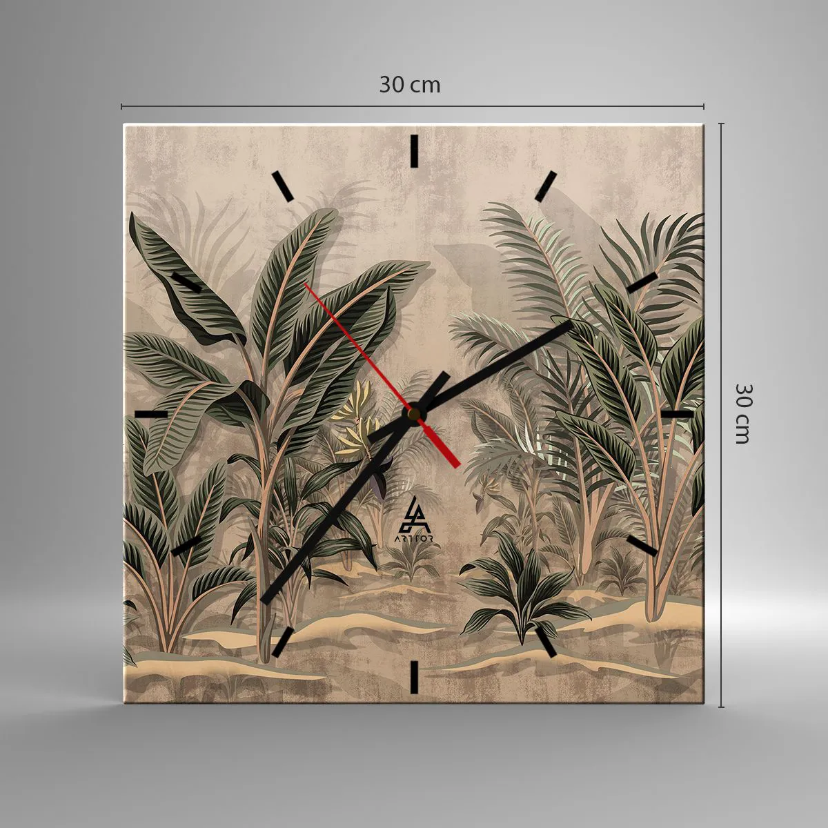 Relógio de parede - Relógio em vidro - Gravura em estilo colonial - 30x30 cm