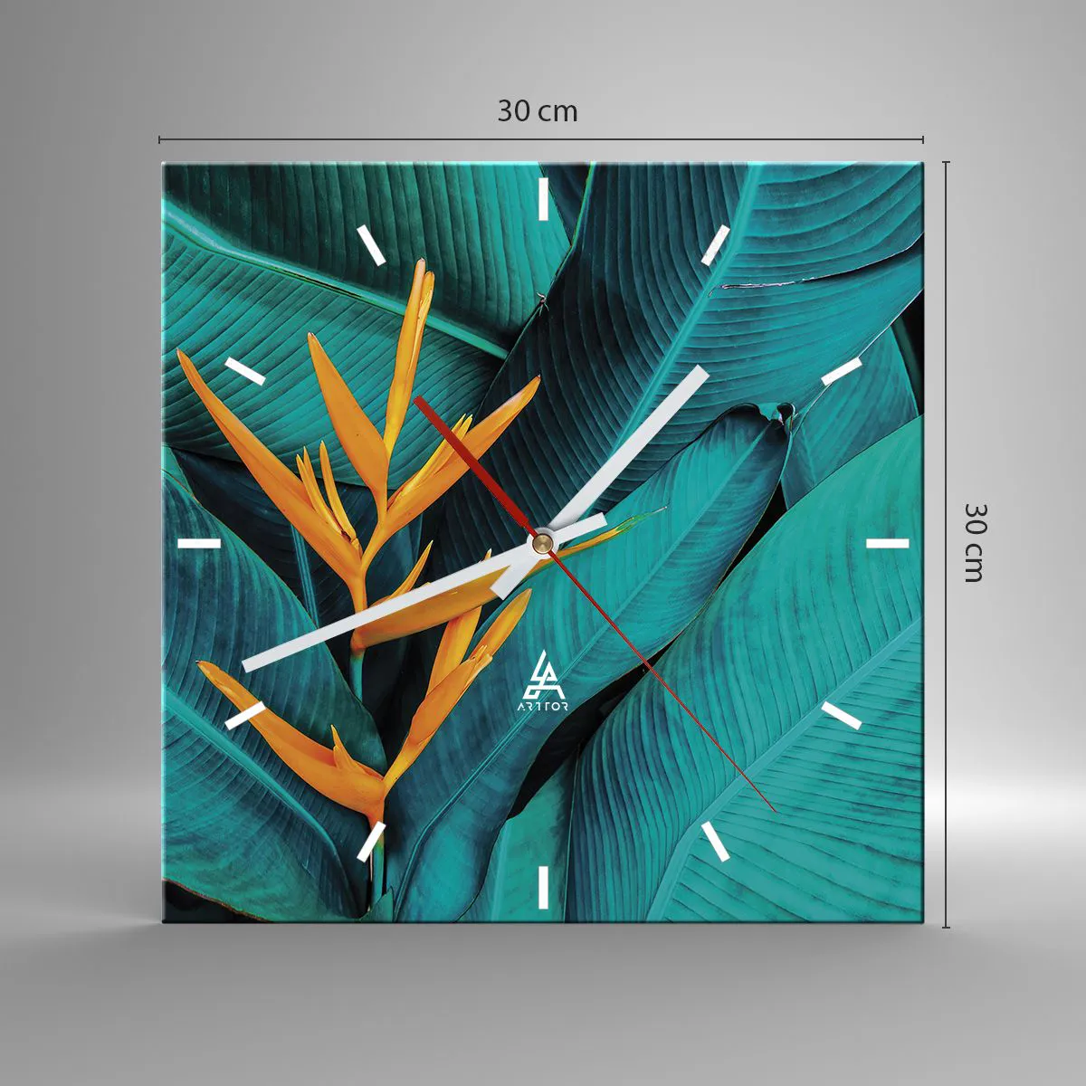 Zegar ścienny - Egzotyczny kwiat na tle liści bananowca w turkusowych odcieniach - 30x30cm - Kwiat Edenu - Nowoczesna dekoracja ścienna do salonu i sypialni ARTTOR
