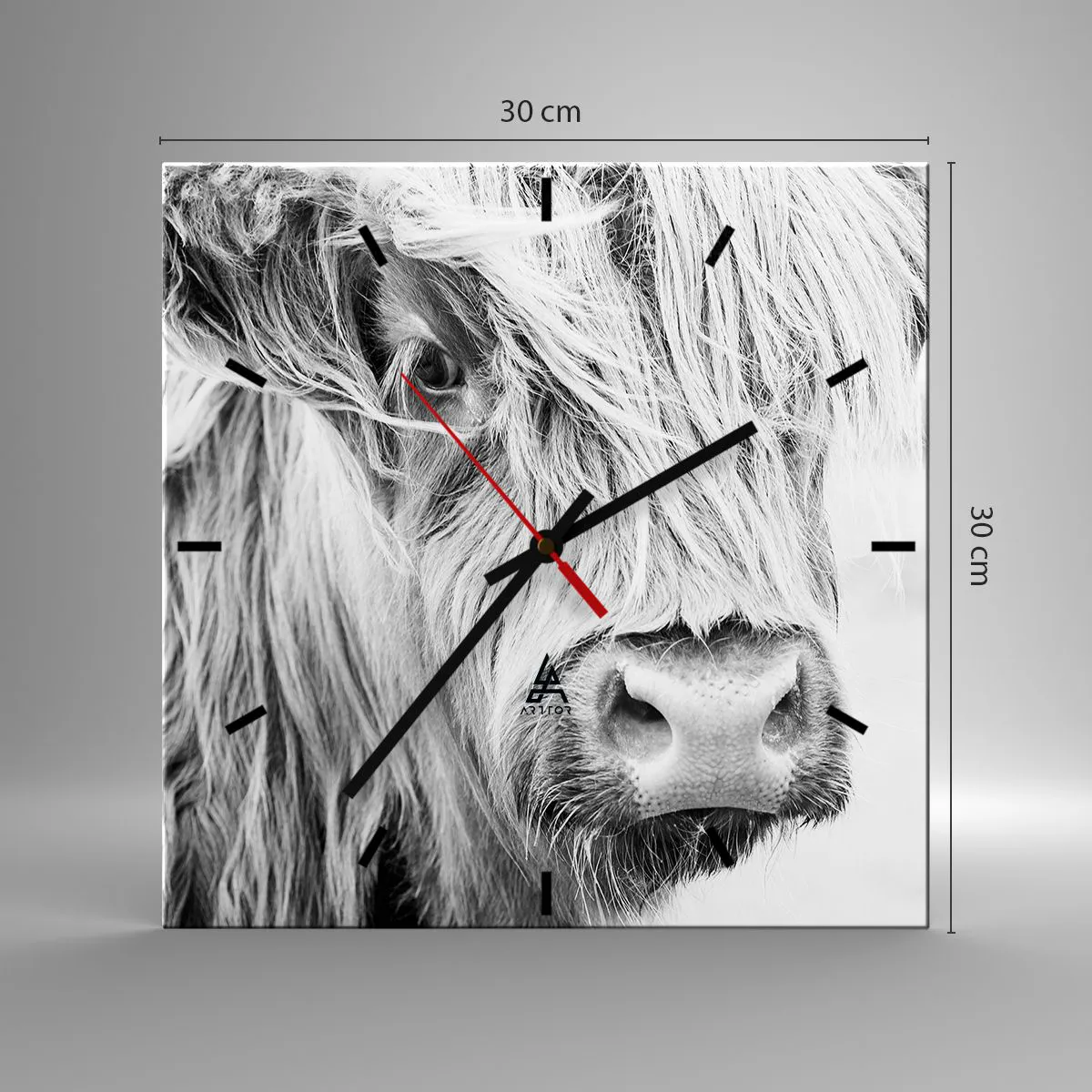 Zegar ścienny - Portret szkockiej krowy w czerni i bieli - 30x30cm - Szkocka dzikość - Nowoczesna dekoracja ścienna do salonu i sypialni ARTTOR