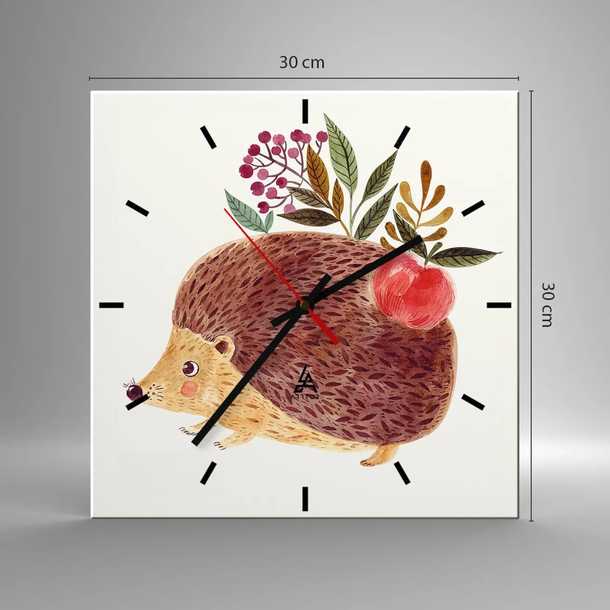 Reloj de pared - Reloj de vidrio - Un lindo erizo con una manzana y plantas en un estilo ilustrativo. - 30x30cm - Y ya te gusto - Decoración de pared moderna para salón y dormitorio ARTTOR
