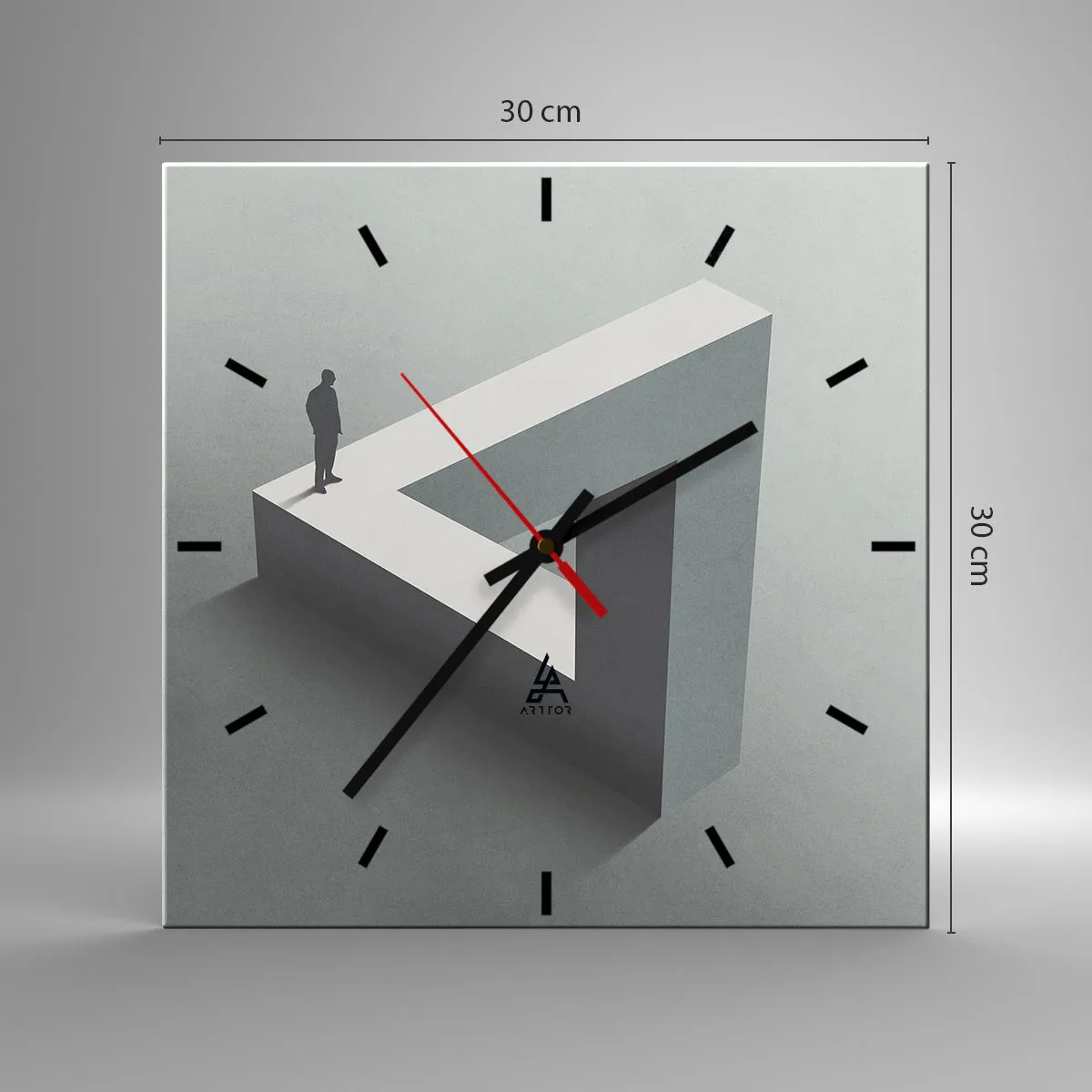 Zegar ścienny - Postać stojąca na trójkącie Penrose’a w szarościach - 30x30cm - A jednak możliwe - Nowoczesna dekoracja ścienna do salonu i sypialni ARTTOR