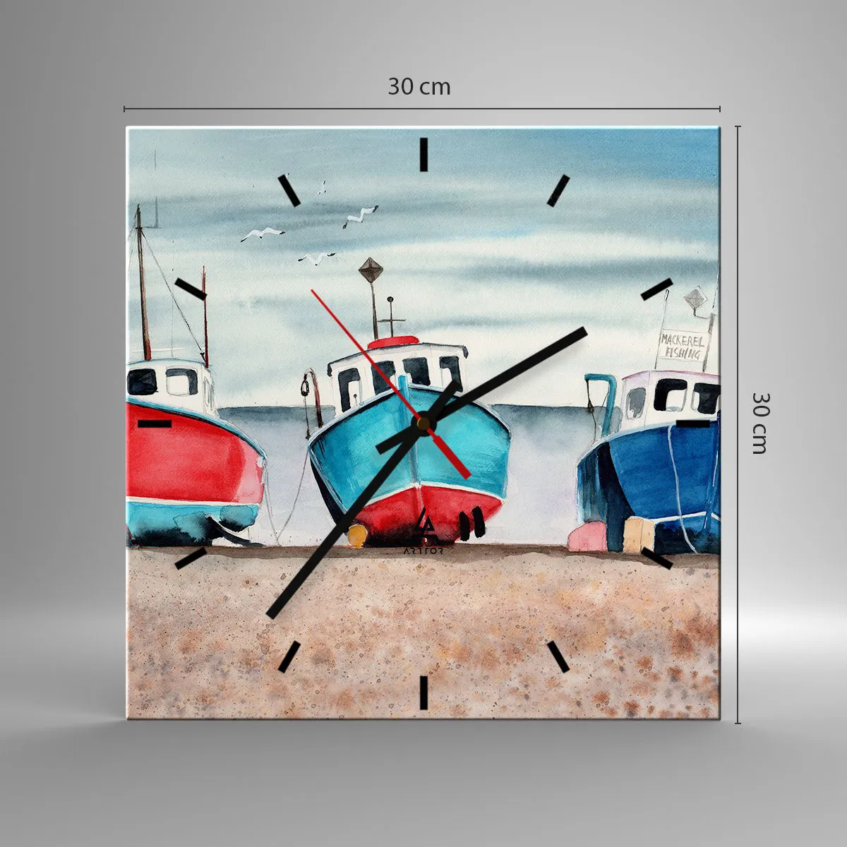 Wanduhr - Glasuhr - Bunte Fischerboote am Ufer in einer Meereslandschaft - 30x30cm - Bereit zum Fang - Moderne Wanddekoration für Wohnzimmer und Schlafzimmer ARTTOR