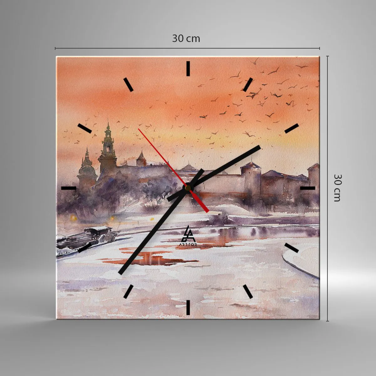 Wanduhr - Glasuhr - Sonnenuntergang über dem Schloss in einer Winterlandschaft - 30x30cm - Königlicher Sonnenuntergang - Moderne Wanddekoration für Wohnzimmer und Schlafzimmer ARTTOR