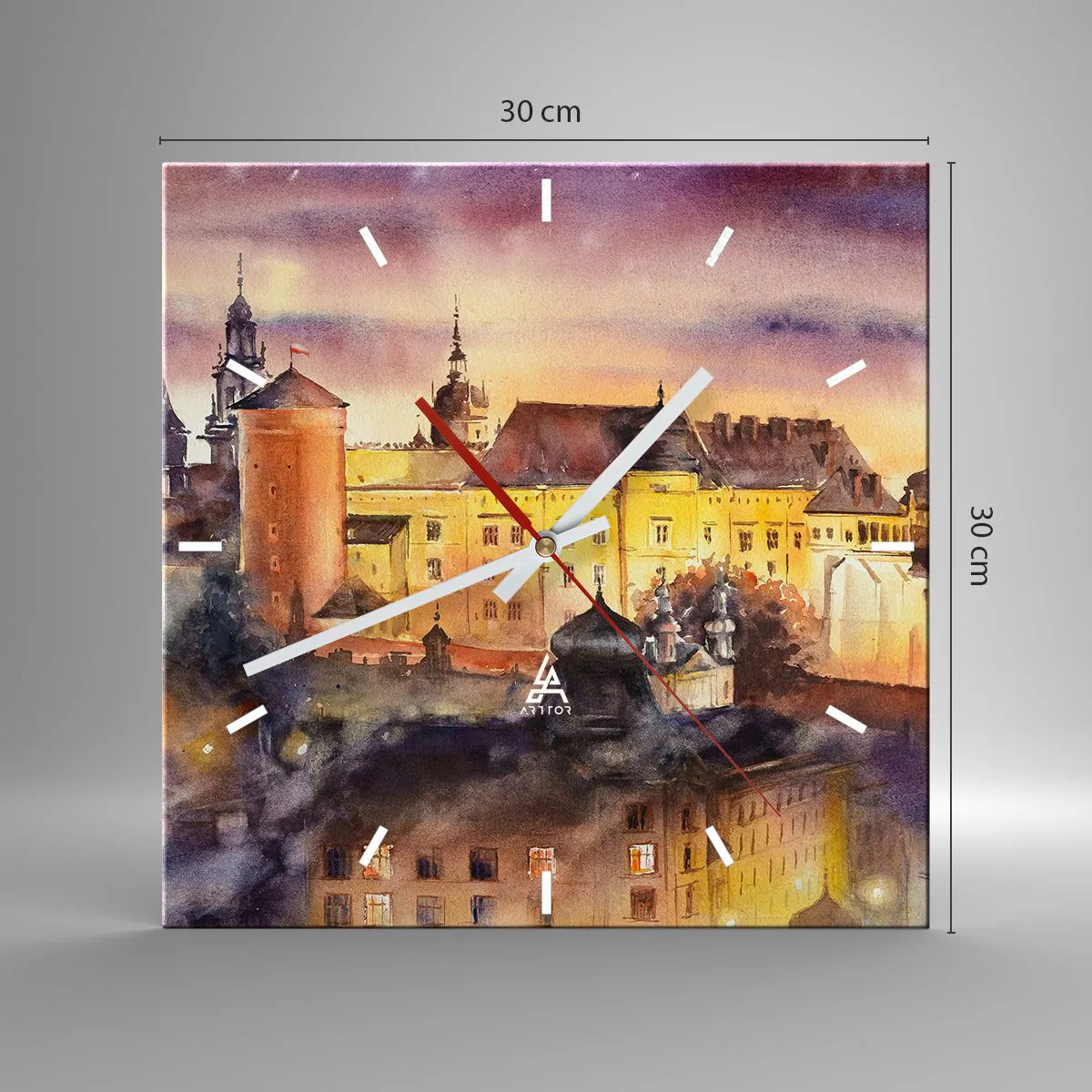Reloj de pared - Reloj de vidrio - Una pintoresca pintura de acuarela de un castillo al atardecer. - 30x30cm - Una historia y un cuento - Decoración de pared moderna para salón y dormitorio ARTTOR