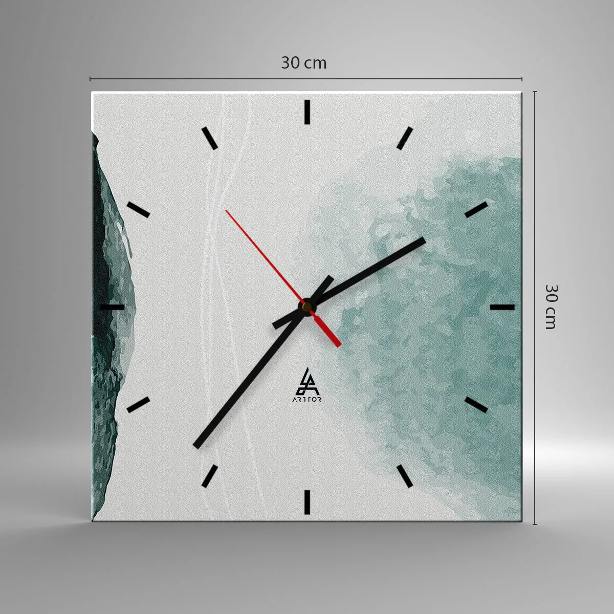 Reloj de pared - Reloj de vidrio - Una delicada composición abstracta en tonos verdes con formas sutiles sobre un fondo claro. - 30x30cm - Un encuentro con la niebla - Decoración de pared moderna para salón y dormitorio ARTTOR