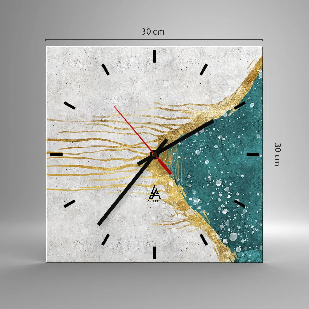 Wanduhr - Glasuhr - Eine abstrakte Komposition in Gold- und Türkistönen - 30x30cm - Goldene Flut - Moderne Wanddekoration für Wohnzimmer und Schlafzimmer ARTTOR