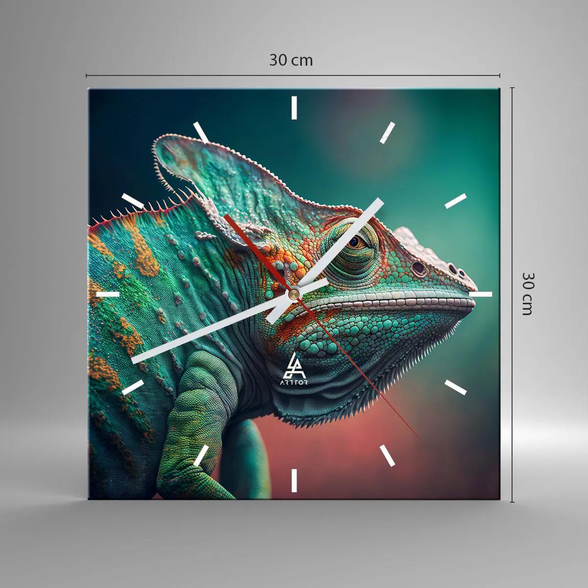 Reloj de pared - Reloj de vidrio - Primer plano de un camaleón en colores intensos. - 30x30cm - ¿Puedes verme? No está bien... - Decoración de pared moderna para salón y dormitorio ARTTOR