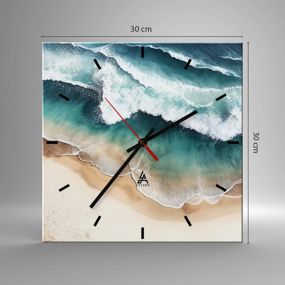 Reloj de pared - Reloj de vidrio - Vista de la playa y las olas del mar en tonos turquesa. - 30x30cm - Un encuentro eterno - Decoración de pared moderna para salón y dormitorio ARTTOR