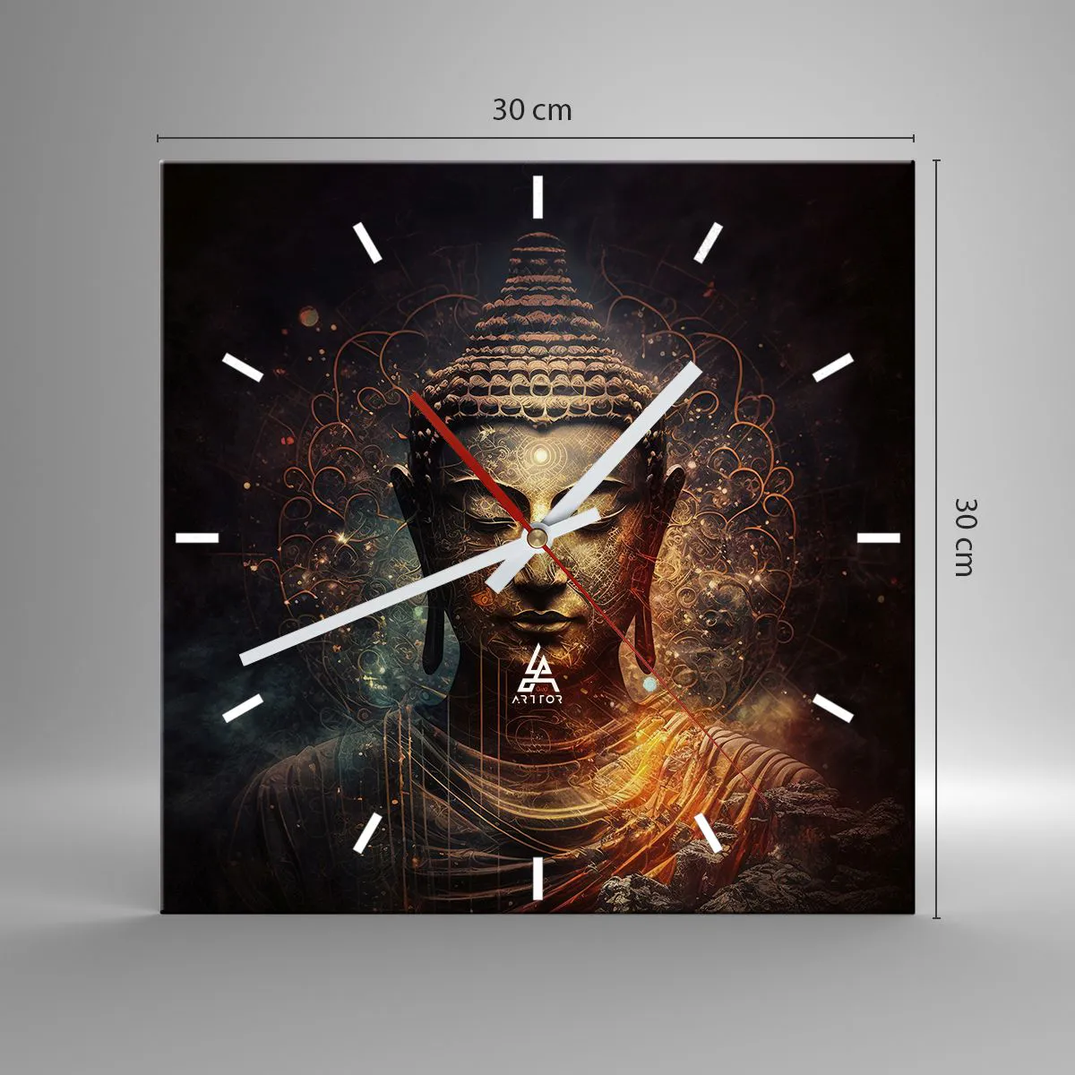Horloge murale - Pendule murale - Bouddha doré sur fond sombre avec ornements - 30x30cm - Équilibre spirituel - Décoration murale moderne pour le salon et la chambre ARTTOR