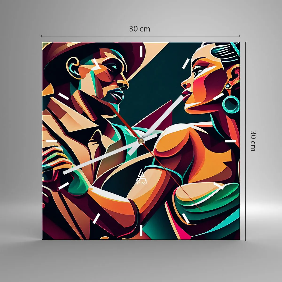 Wanduhr - Glasuhr - Ein stilisiertes Paar, das in leuchtenden, geometrischen Farben tanzt. - 30x30cm - Im Rhythmus des Herzens - Moderne Wanddekoration für Wohnzimmer und Schlafzimmer ARTTOR