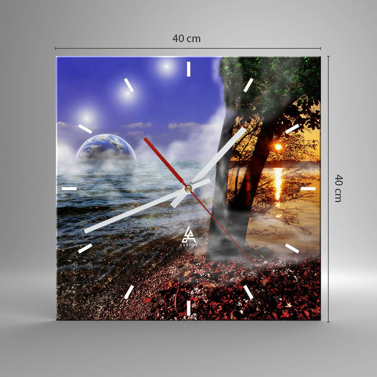 Väggklocka - Klocka på glas - Surrealistiskt landskap - naturens enighet - 40x40 cm