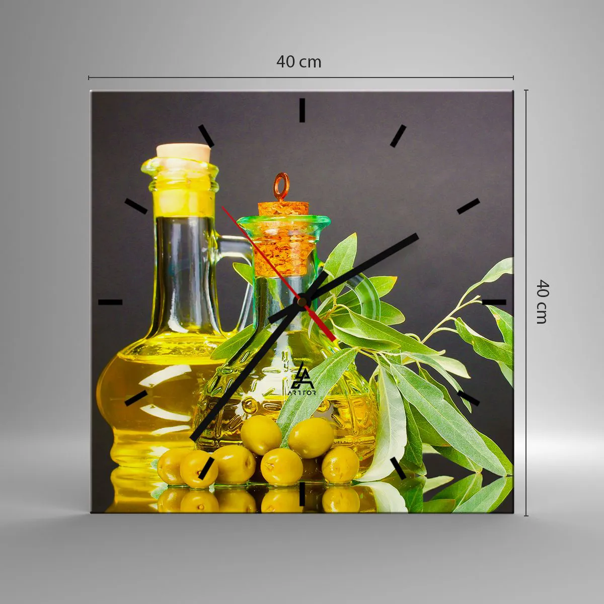 Wanduhr - Glasuhr - Stillleben mit Oliven und Olivenöl - 40x40 cm