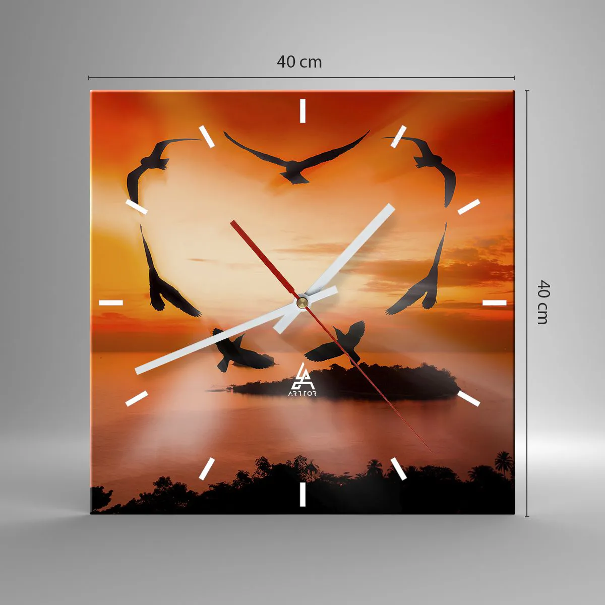 Ceas de perete - Ceas pe sticlă - Iubește lumea ca o pasăre - 40x40 cm