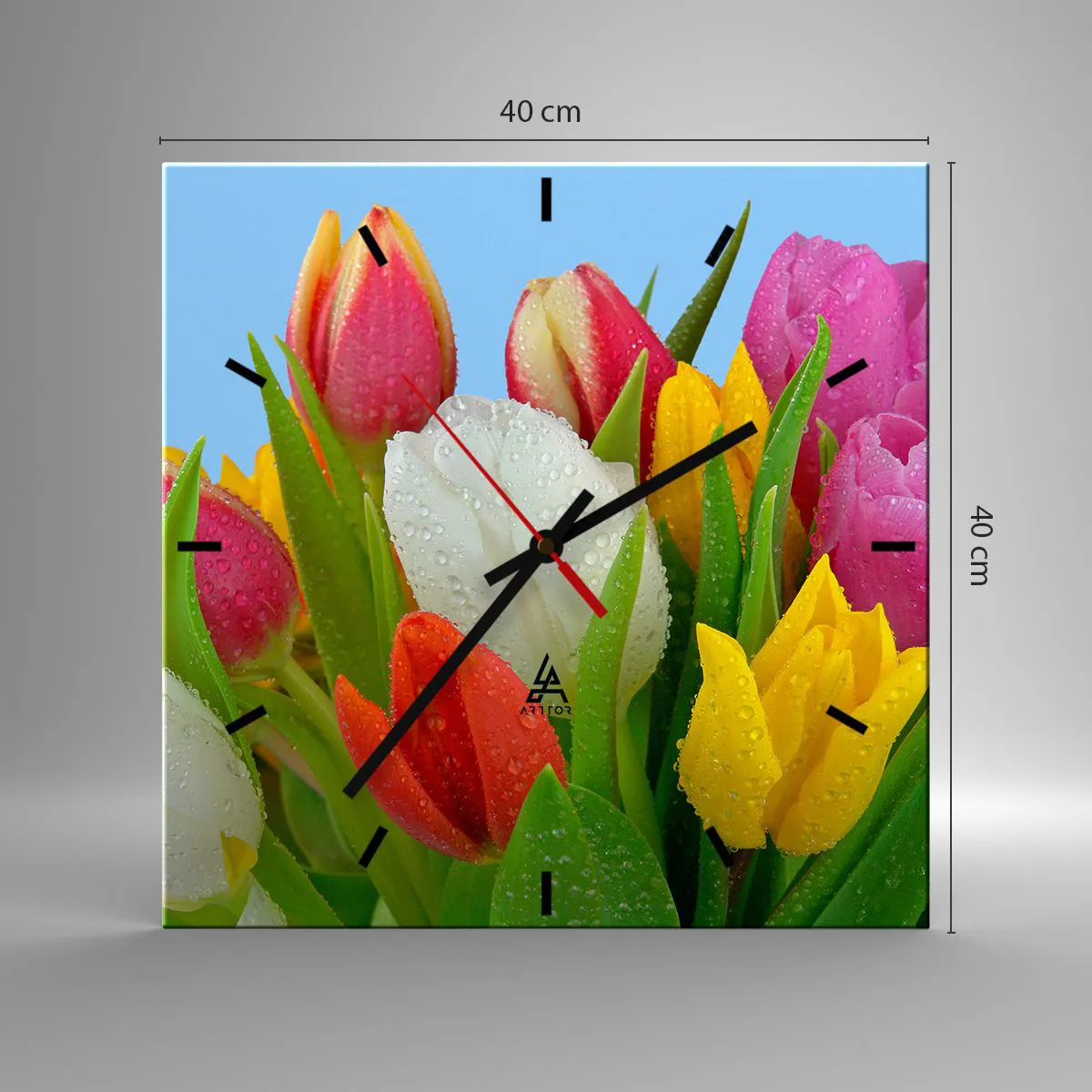 Wall clock - Clock on glass - Floral Rainbow in Dew Drops - 40x40 cm