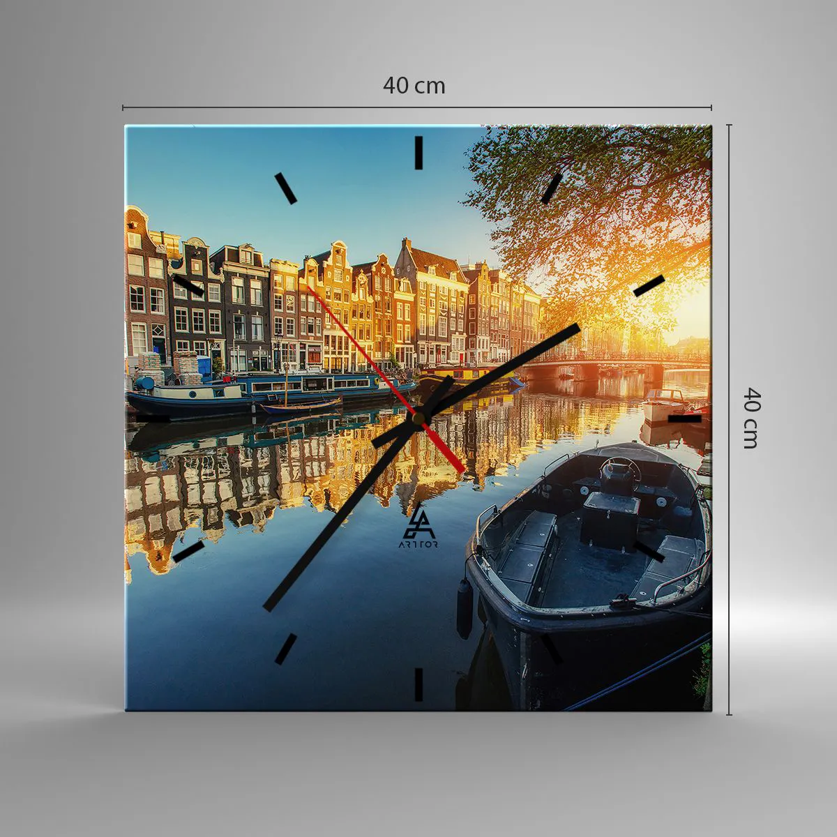 Ceas de perete - Ceas pe sticlă - Dimineața în Amsterdam - 40x40 cm