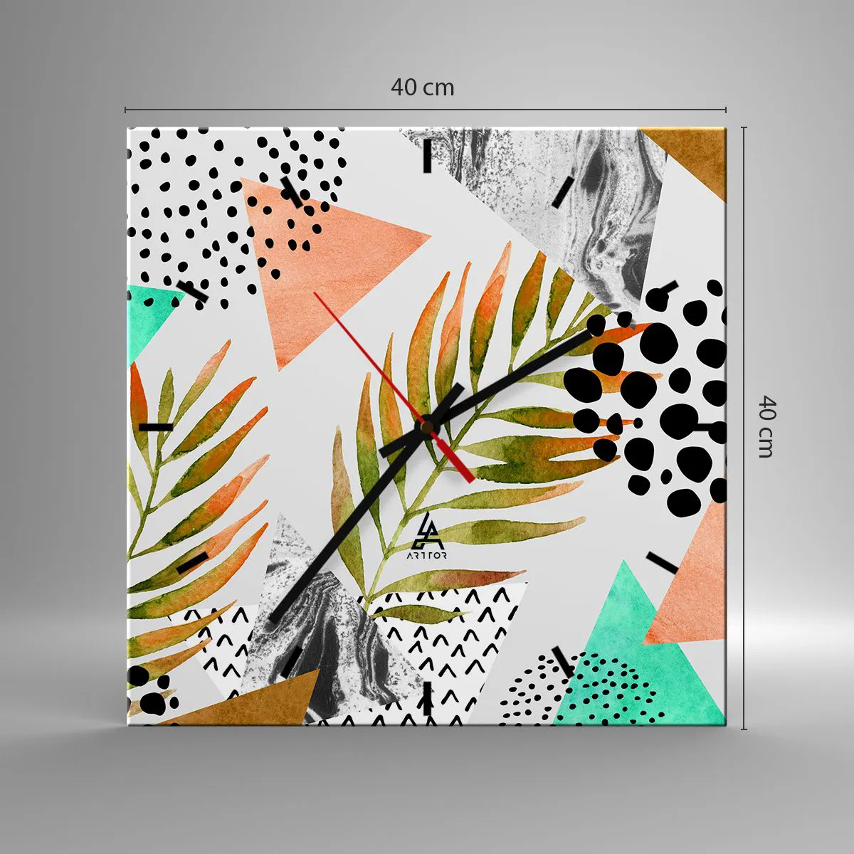 Ceas de perete - Ceas pe sticlă - Decorațiuni cu frunze de palmier - 40x40 cm