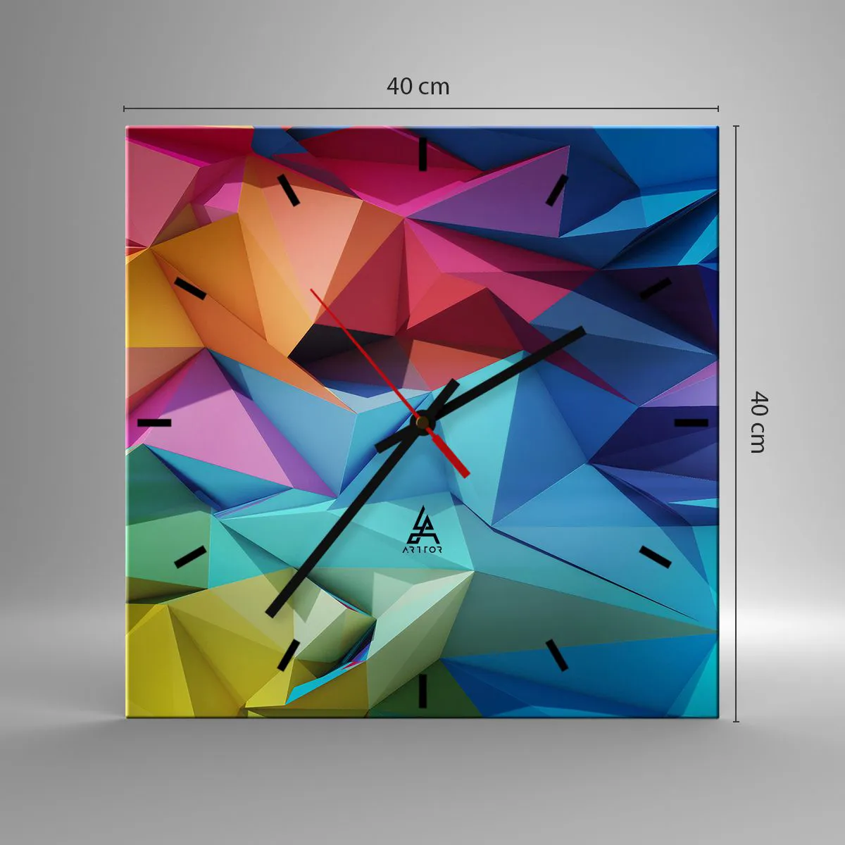 Relógio de parede - Relógio em vidro - Arco-íris de origami - 40x40 cm