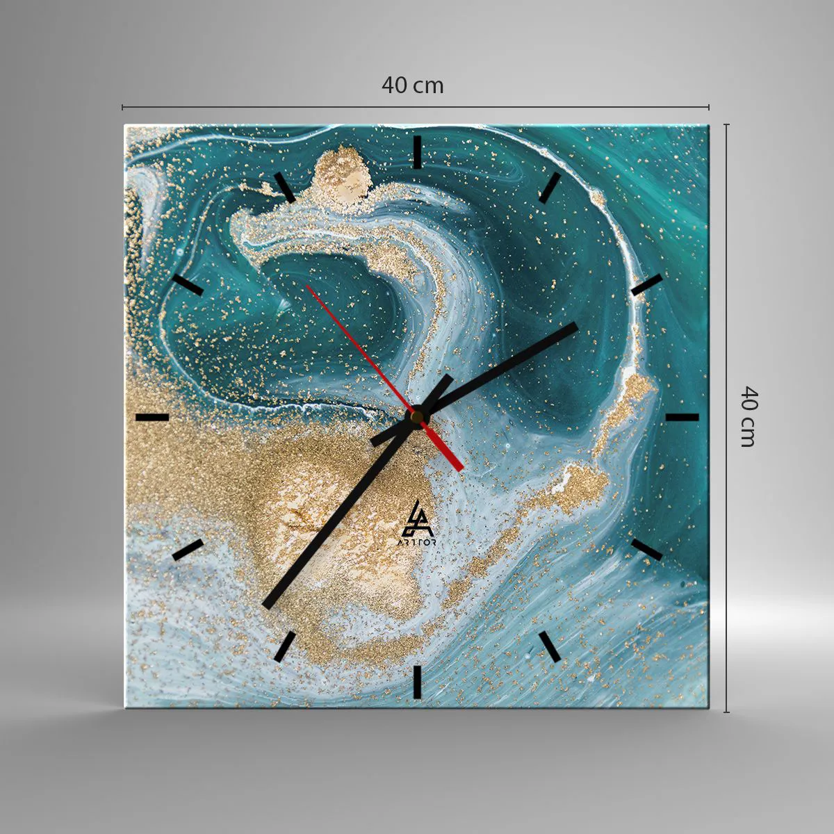 Relógio de parede - Relógio em vidro - Um vórtice de ouro e turquesa - 40x40 cm