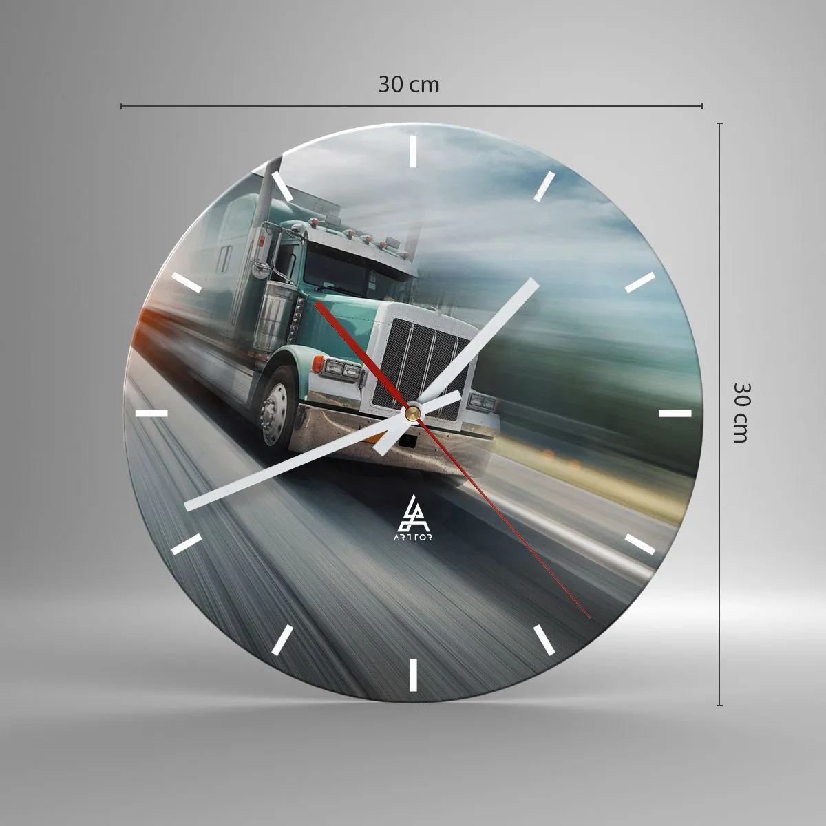 Ceas de perete - Ceas pe sticlă - Un camion cu viteză mare pe șosea - 30x30cm - Gigant american în mișcare - Decorațiune modernă pentru perete pentru living, bucătărie și dormitor ARTTOR