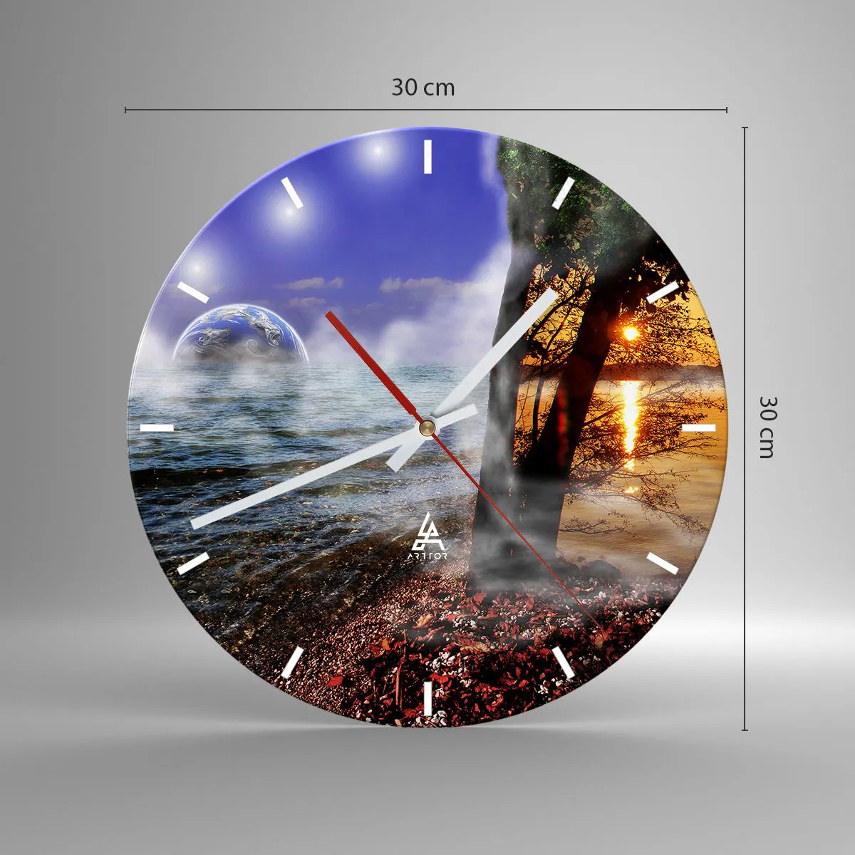Väggklocka - Klocka på glas - En symbolisk koppling mellan natur och rymd - 30x30cm - Surrealistiskt landskap - naturens enighet - Modern väggdekoration för vardagsrum, kök och sovrum ARTTOR