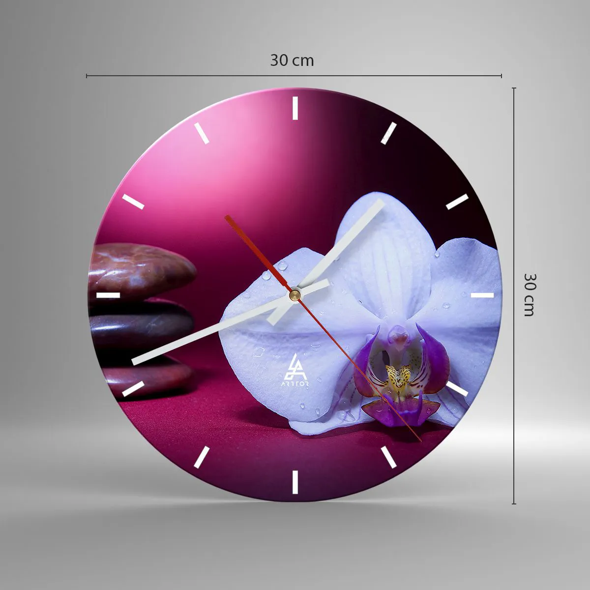 Wall clock - Clock on glass - A white orchid against a background of stones and purple - 30x30cm - Study of Freshness in Purple - Modern wall decoration for the living room, kitchen, and bedroom ARTTOR