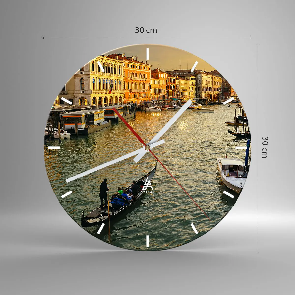 Wall clock - Clock on glass - A canal in Venice with gondolas and illuminated buildings - 30x30cm - On the Sunny side of a Street - Modern wall decoration for the living room, kitchen, and bedroom ARTTOR