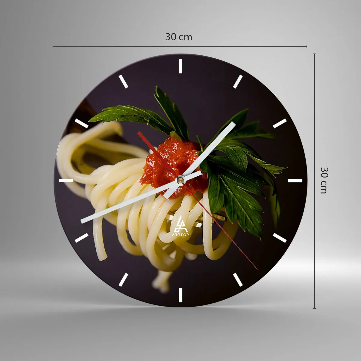 Nástěnné hodiny - Špagety s rajčatovou omáčkou a bylinkami - 30x30cm - Chutný kousek - Moderní nástěnná dekorace do obývacího pokoje, kuchyně a ložnice ARTTOR