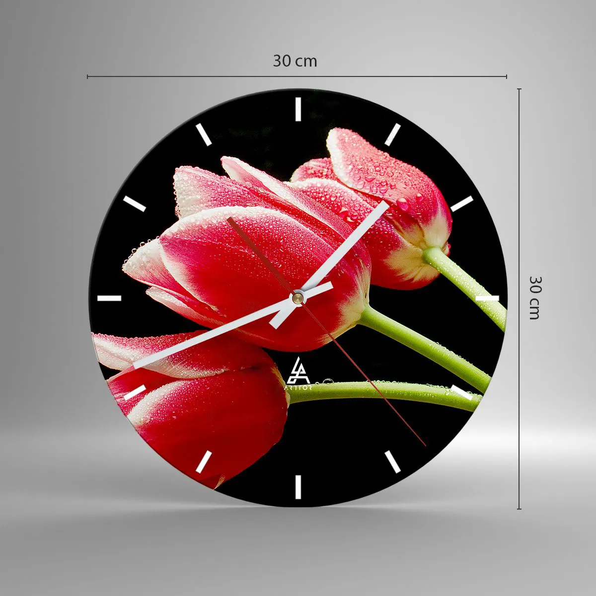 Ceas de perete - Ceas pe sticlă - Lalele roșii cu picături de apă pe fundal negru - 30x30cm - Promisiunea unei iubiri pure - Decorațiune modernă pentru perete pentru living, bucătărie și dormitor ARTTOR