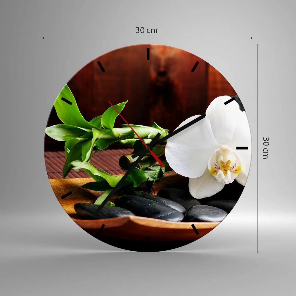 Zegar ścienny - Biała orchidea z bambusem i kamieniami - 30x30cm - Poddaj się dotykowi natury - Nowoczesna dekoracja ścienna do salonu, kuchni i sypialni ARTTOR