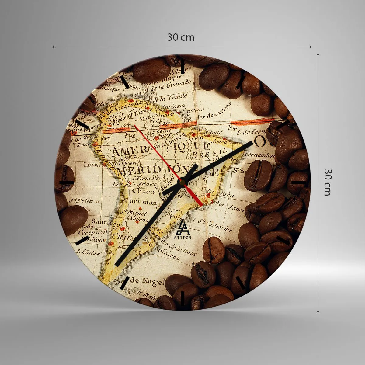 Wall clock - Clock on glass - Map of South America with coffee beans - 30x30cm - Where Does the Best Coffee Come from? - Modern wall decoration for the living room, kitchen, and bedroom ARTTOR