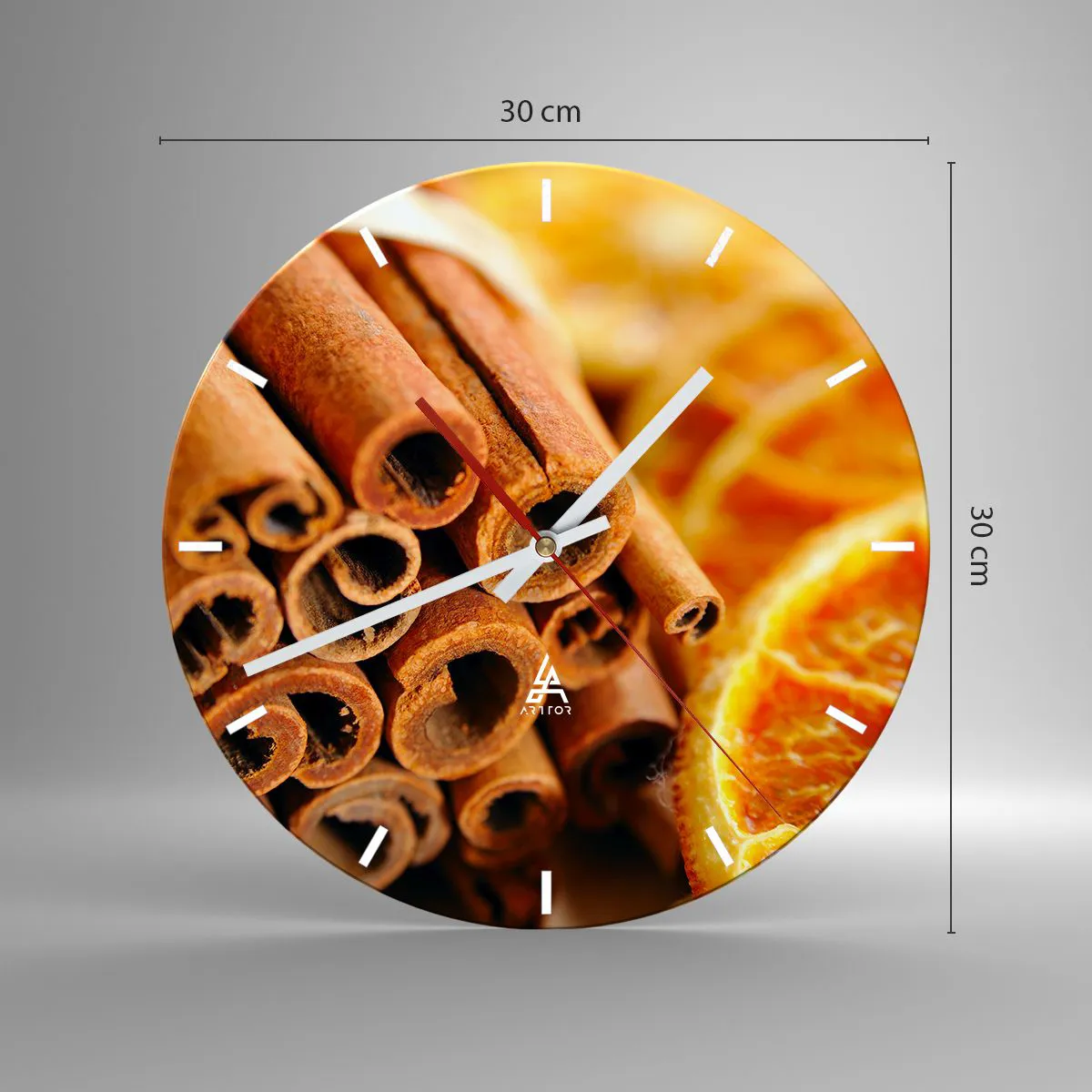 Nástěnné hodiny - Skořicové tyčinky a sušené pomeranče v teplých tónech - 30x30cm - Cítíte jejich aroma? - Moderní nástěnná dekorace do obývacího pokoje, kuchyně a ložnice ARTTOR