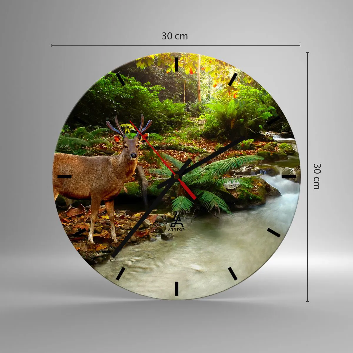 Wanduhr - Glasuhr - Hirsche in einer Waldlandschaft an einem Bach - 30x30cm - Willkommen in meiner Welt - Moderne Wanddekoration für Wohnzimmer, Küche und Schlafzimmer ARTTOR