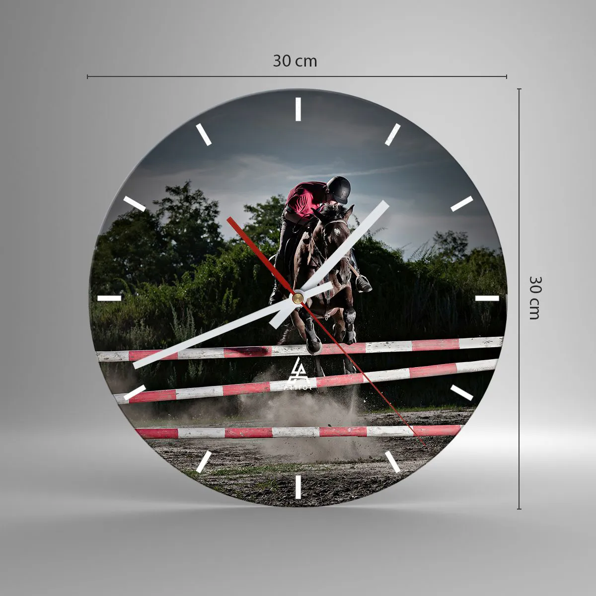 Wall clock - Clock on glass - A horse jumper during an equestrian competition - 30x30cm - Together for Victory - Modern wall decoration for the living room, kitchen, and bedroom ARTTOR
