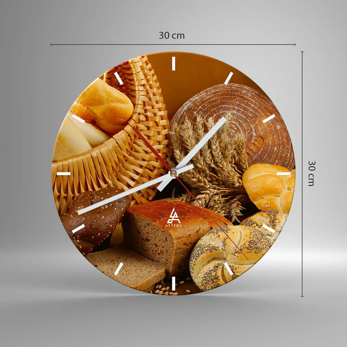 Wall clock - Clock on glass - A composition of bread and cereals in a rustic basket - 30x30cm - We've Baked It! - Modern wall decoration for the living room, kitchen, and bedroom ARTTOR