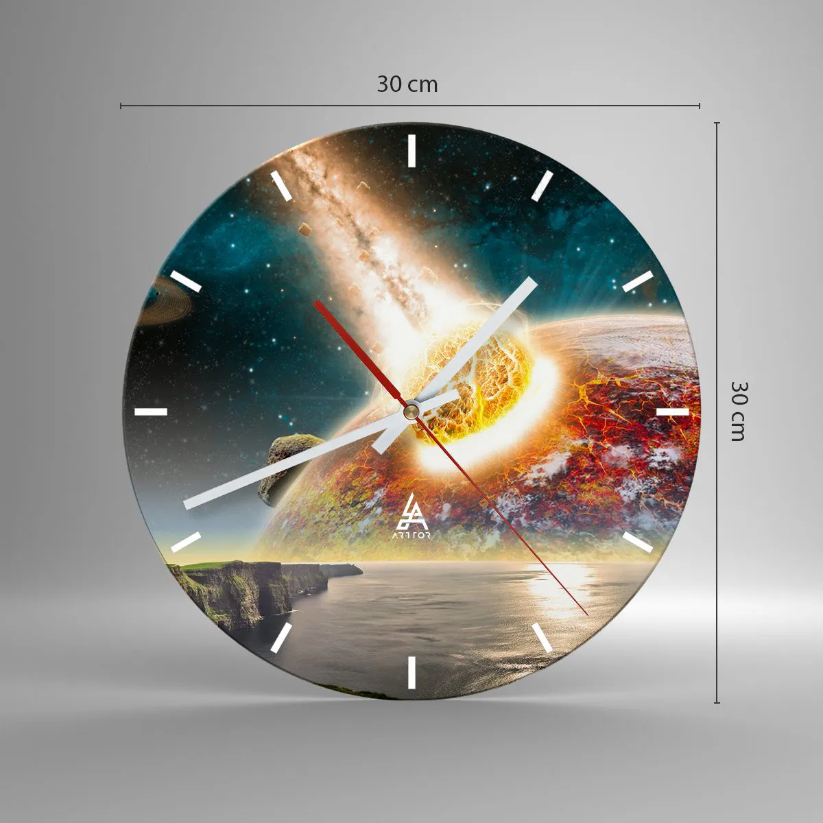 Ceas de perete - Ceas pe sticlă - Coliziunea unui asteroid cu Pământul în fundalul cosmic - 30x30cm - Drama spațială - Decorațiune modernă pentru perete pentru living, bucătărie și dormitor ARTTOR