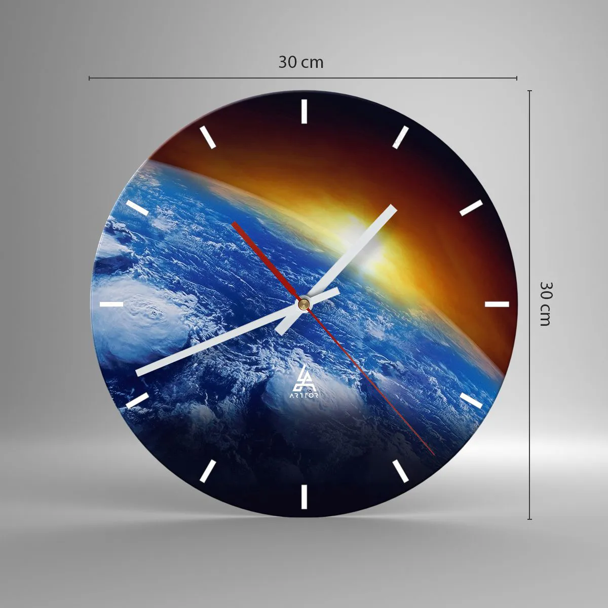 Wall clock - Clock on glass - Sunrise over Earth as seen from space - 30x30cm - Sunrise by the Blue Planet - Modern wall decoration for the living room, kitchen, and bedroom ARTTOR