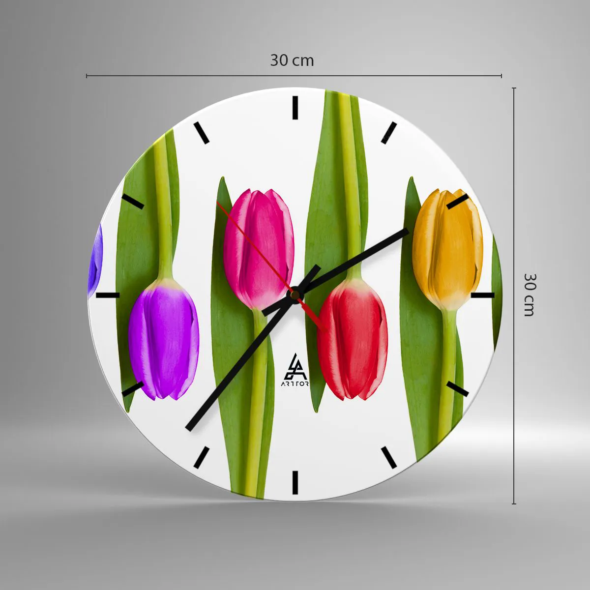 Ceas de perete - Ceas pe sticlă - Lalele colorate pe fundal alb - 30x30cm - Compoziție curcubeu - Decorațiune modernă pentru perete pentru living, bucătărie și dormitor ARTTOR