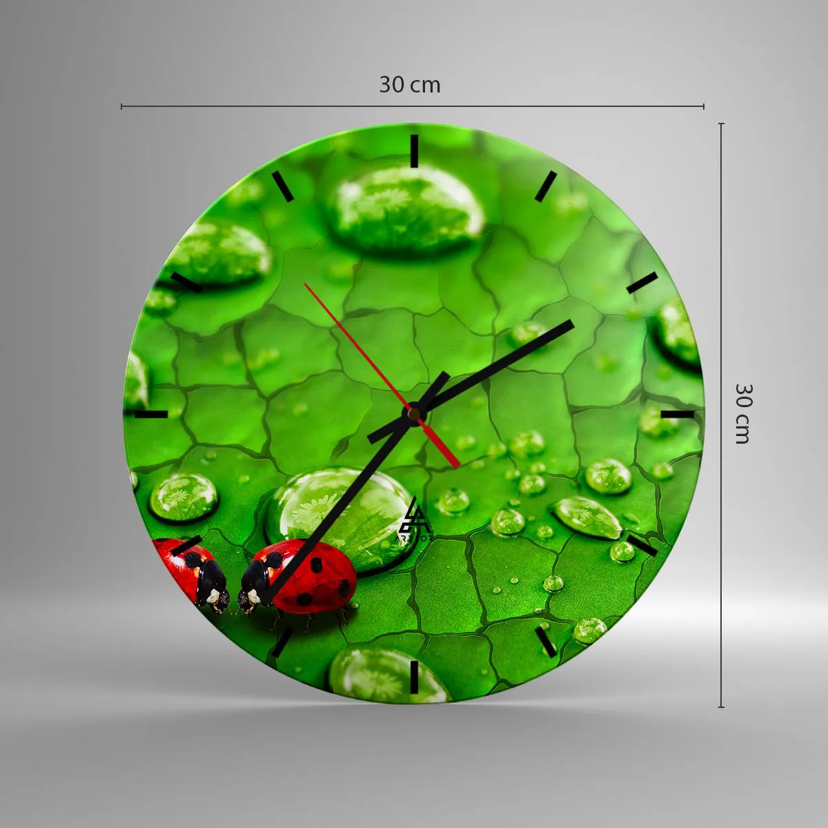 Reloj de pared - Reloj de vidrio - Mariquitas en una hoja con gotas de agua. - 30x30cm - Reunión sobre verde - Decoración de pared moderna para salón, cocina y dormitorio ARTTOR