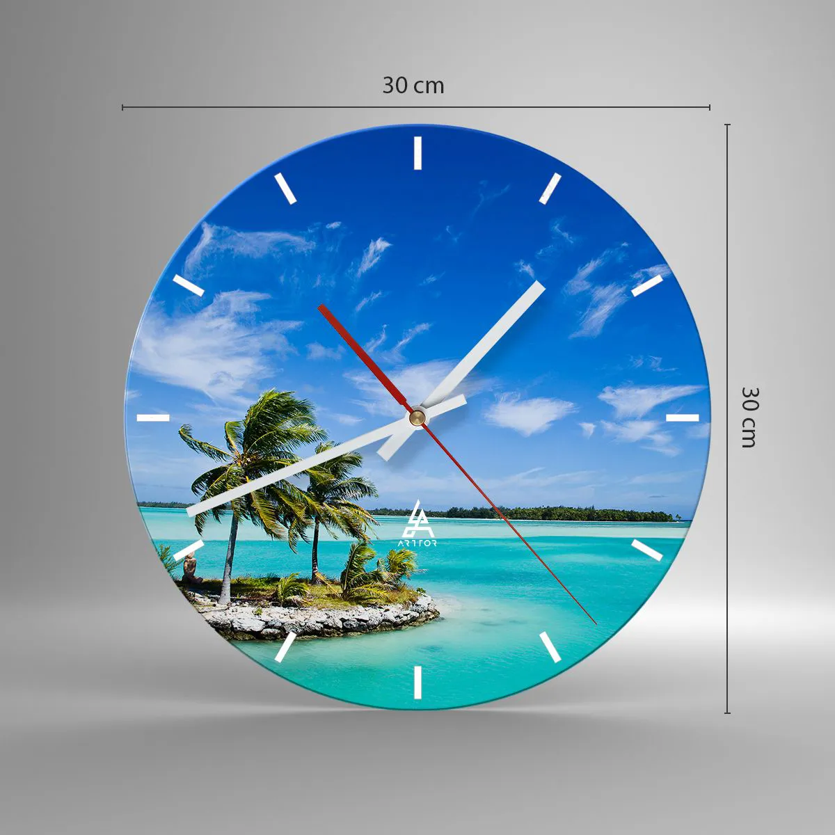 Relógio de parede - Relógio em vidro - Uma ilha tropical com palmeiras tendo como pano de fundo uma lagoa azul - 30x30cm - Paraíso na terra - Decoração de parede moderna para a sala de estar, cozinha e quarto ARTTOR
