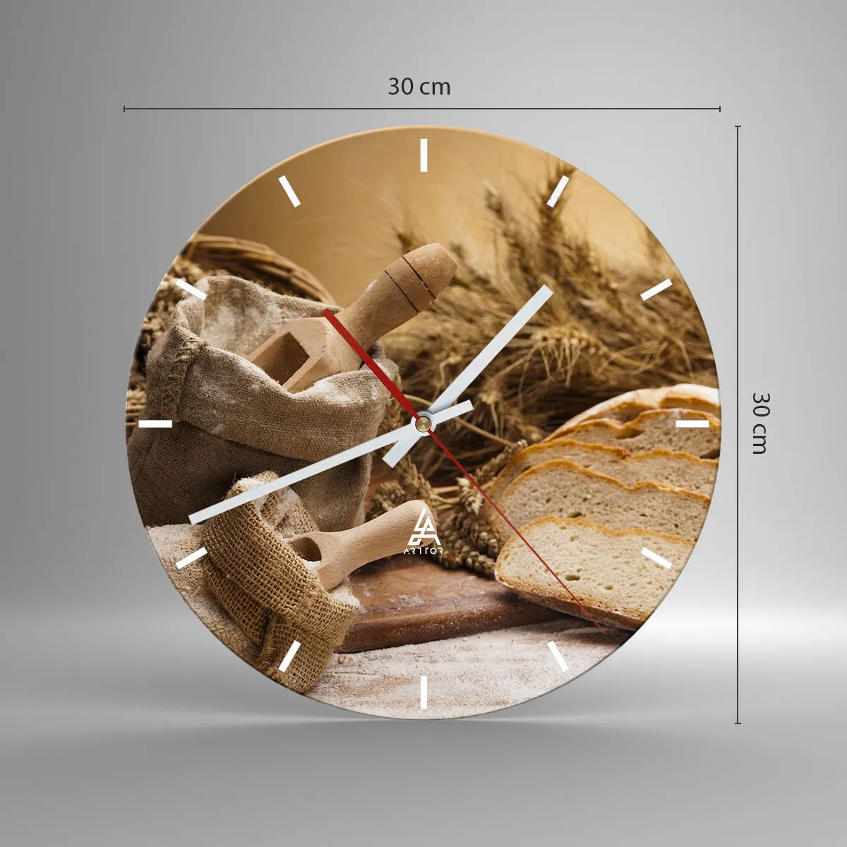 Vægur, Uret - En pose mel, brød og kornaks i rustik stil - 30x30cm - Som skåret en kniv - Moderne vægdekoration til stue, køkken og soveværelse ARTTOR