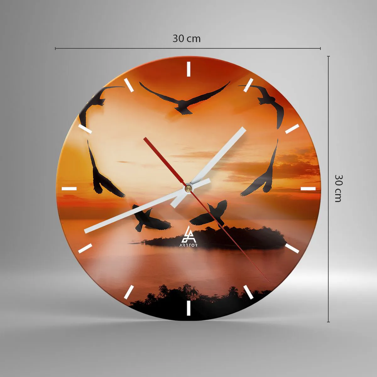 Reloj de pared - Reloj de vidrio - Pájaros sobre la isla al atardecer - 30x30cm - Ama el mundo como los pájaros - Decoración de pared moderna para salón, cocina y dormitorio ARTTOR