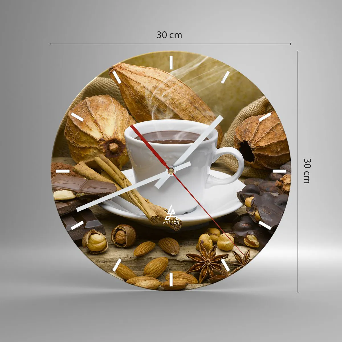 Relógio de parede - Relógio em vidro - Uma xícara de chocolate quente com especiarias e grãos de cacau - 30x30cm - Para os que procuram emoções - Decoração de parede moderna para a sala de estar, cozinha e quarto ARTTOR